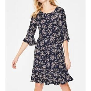 Boden Navy Blue Dress Pink Floral Ruffle Sleeves Size 2
